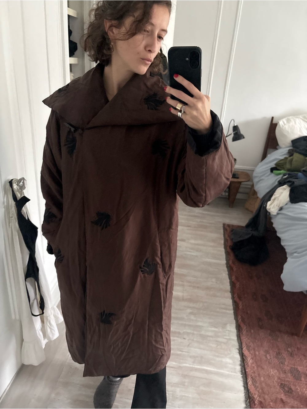 Brown Women's down Long opera Coat with Embroidered Details reversible